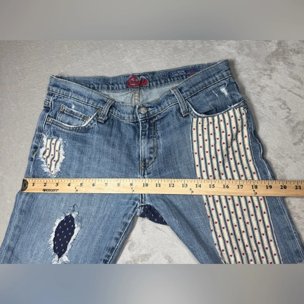 Y2K Blue Cult Midrise Kate Flare Patchwork Denim Distressed Blue Jeans Size 31